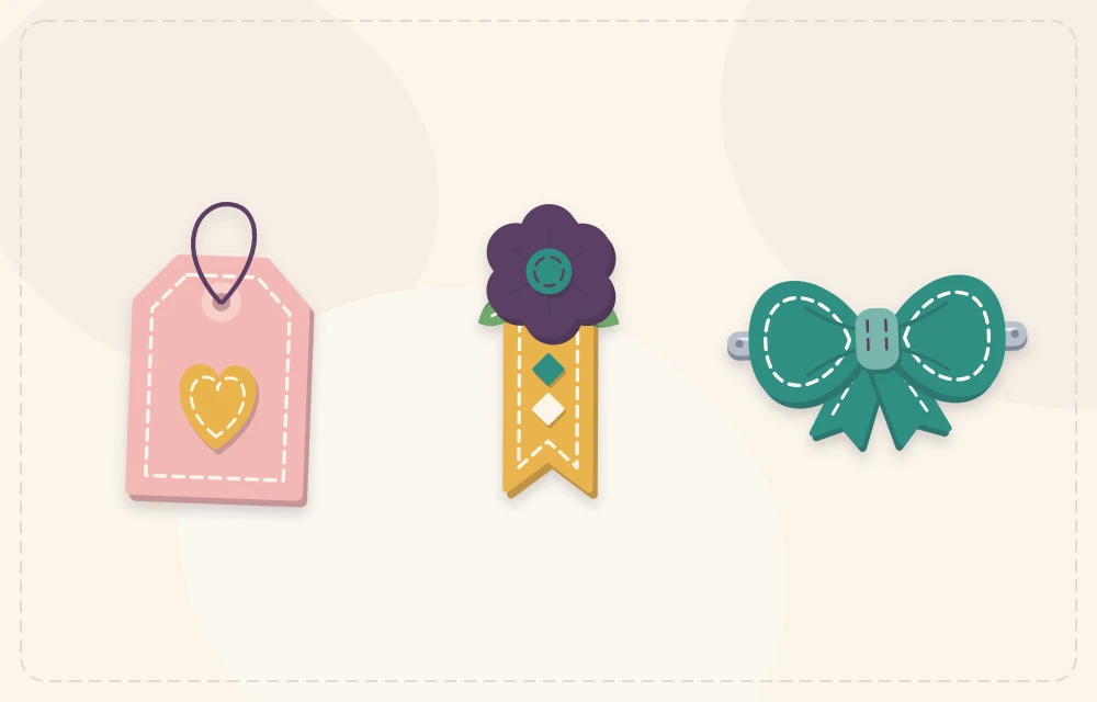 Felt gift tag, strip bookmark and hair bow side by side