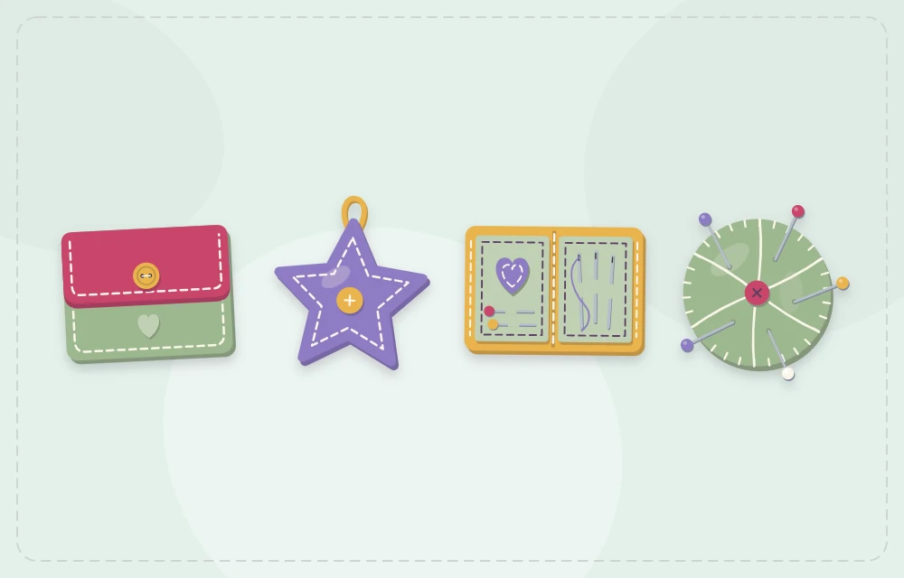 Felt pouch, star ornament, needle book and pincushion in a row