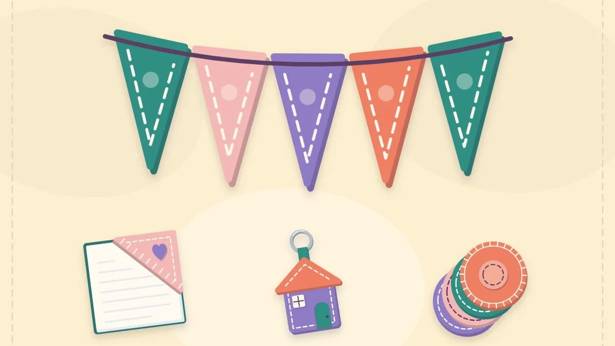 Felt bunting garland with a corner bookmark, keychain and stack of coasters
