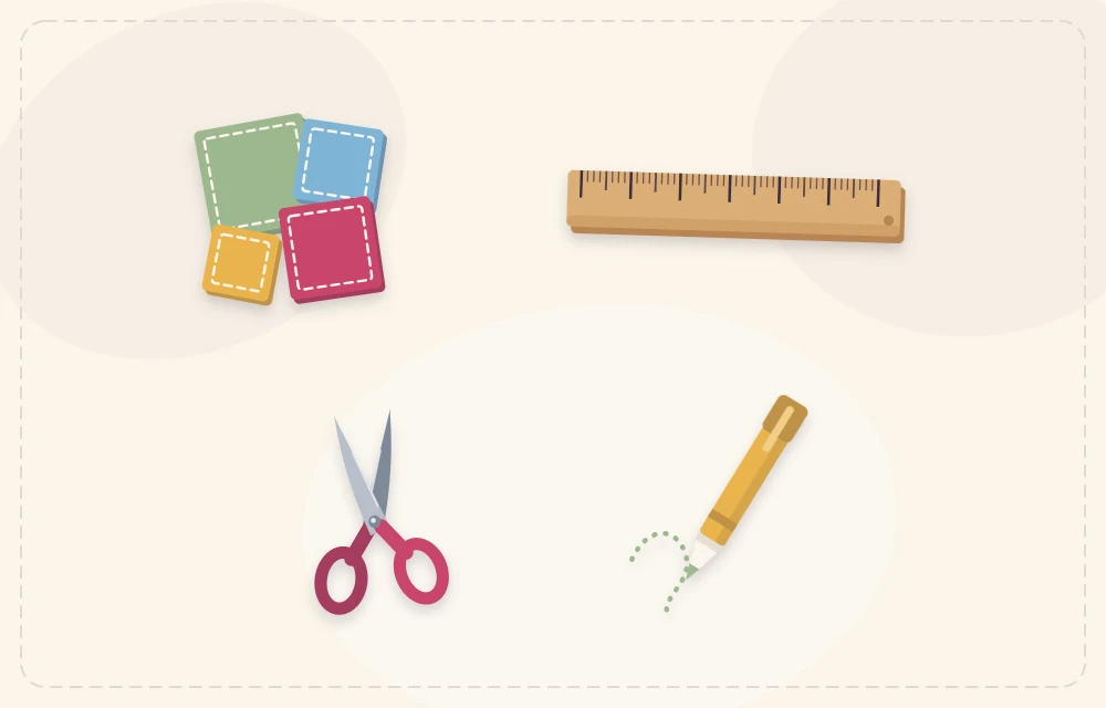 Cut felt squares laid out with a ruler, scissors and fabric pen