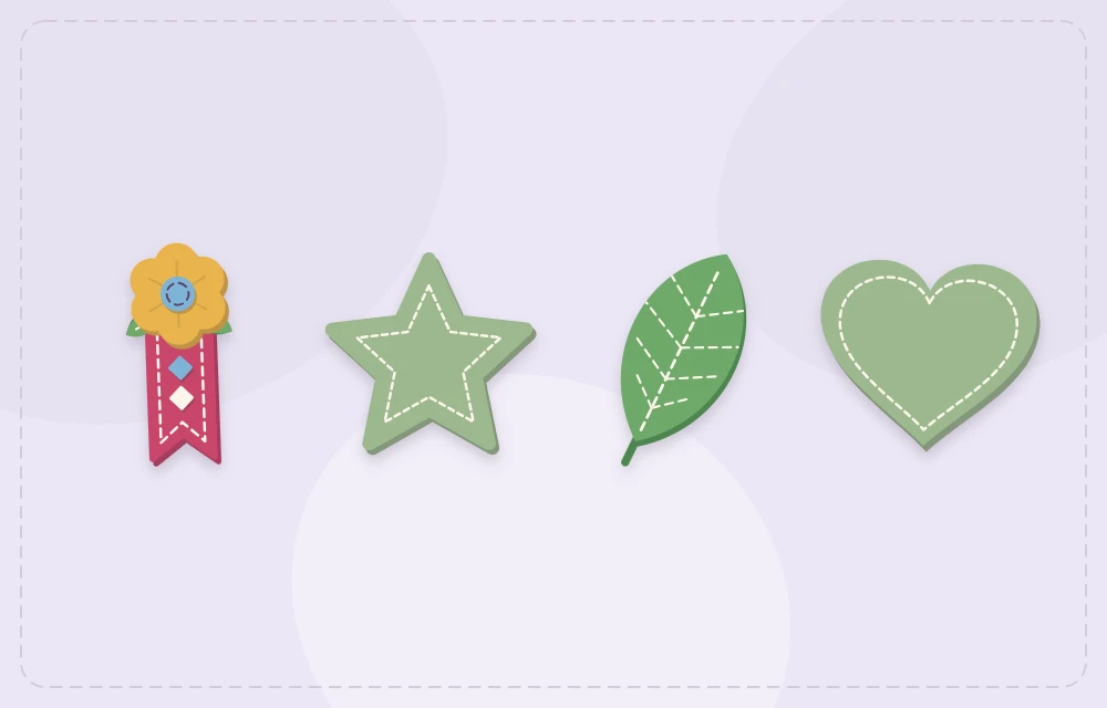 Felt strip bookmark beside star, leaf and heart topper shapes