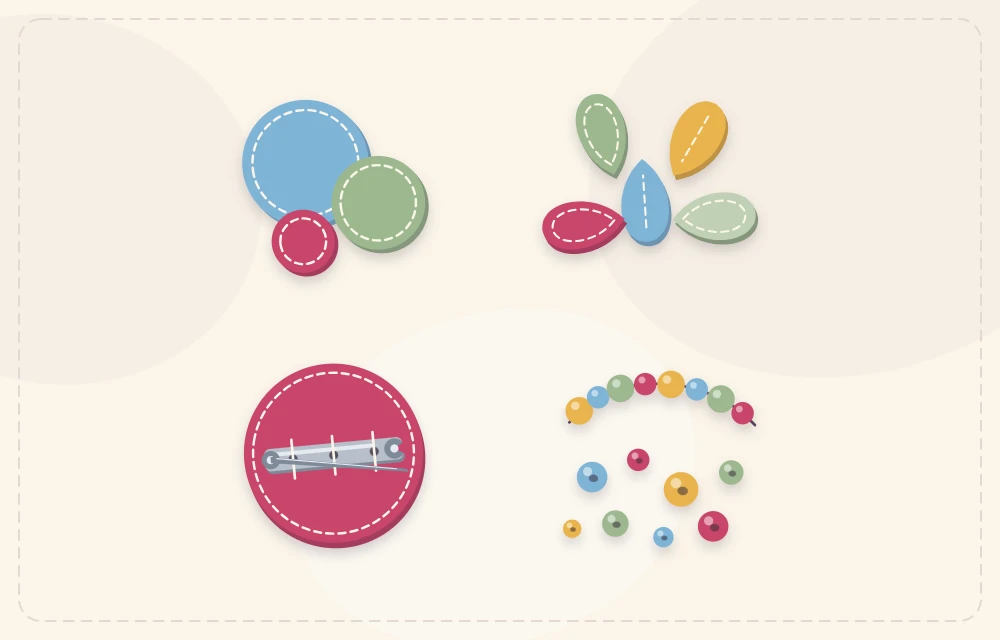 Cut felt circles and scalloped petal layers beside a bar pin and beads