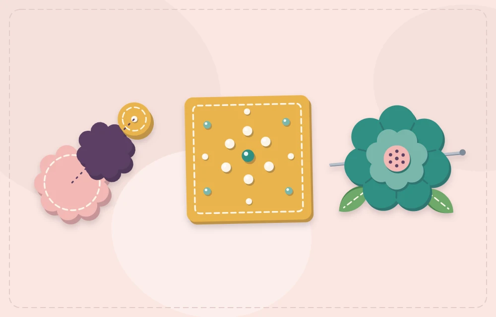 Separated brooch layers, a cluster of French knots, and a finished felt brooch