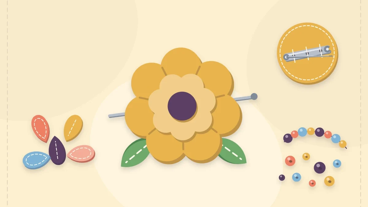 A layered felt flower brooch with a bar pin, beads and petals