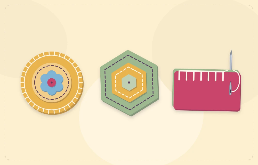 Round felt coaster beside a hexagon coaster and a blanket stitch edge