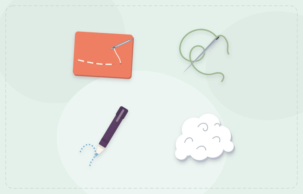Line of running stitches with a threaded needle, fabric pen and stuffing