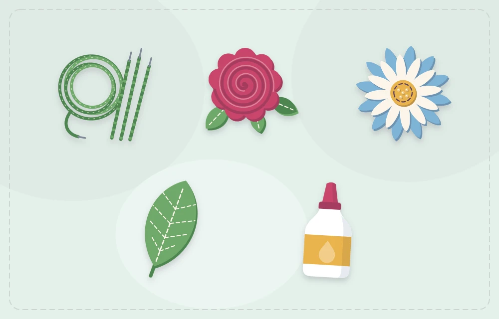 Floral wire laid out with a rolled felt rose, a daisy, a leaf and a glue bottle
