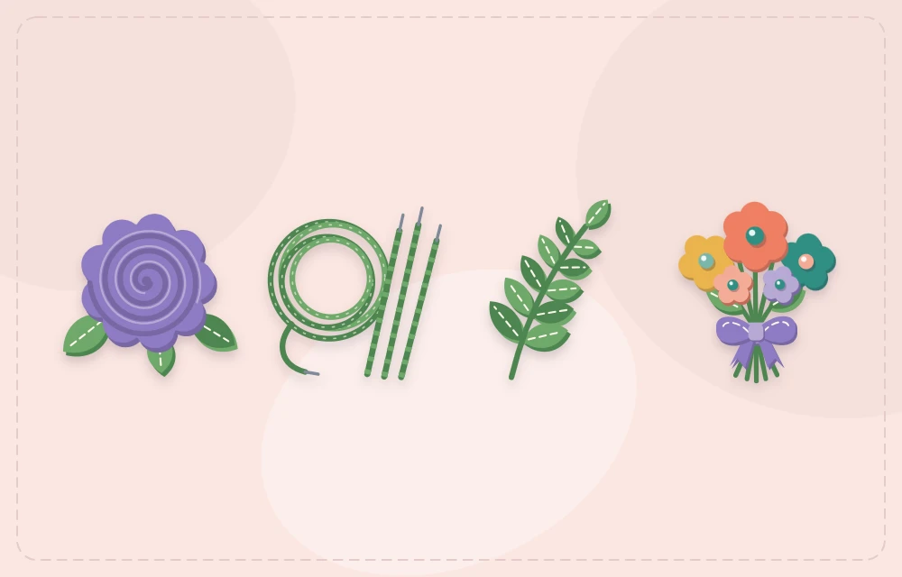 A rolled felt rose, floral wire, a leafy stem and a finished felt bouquet shown in order