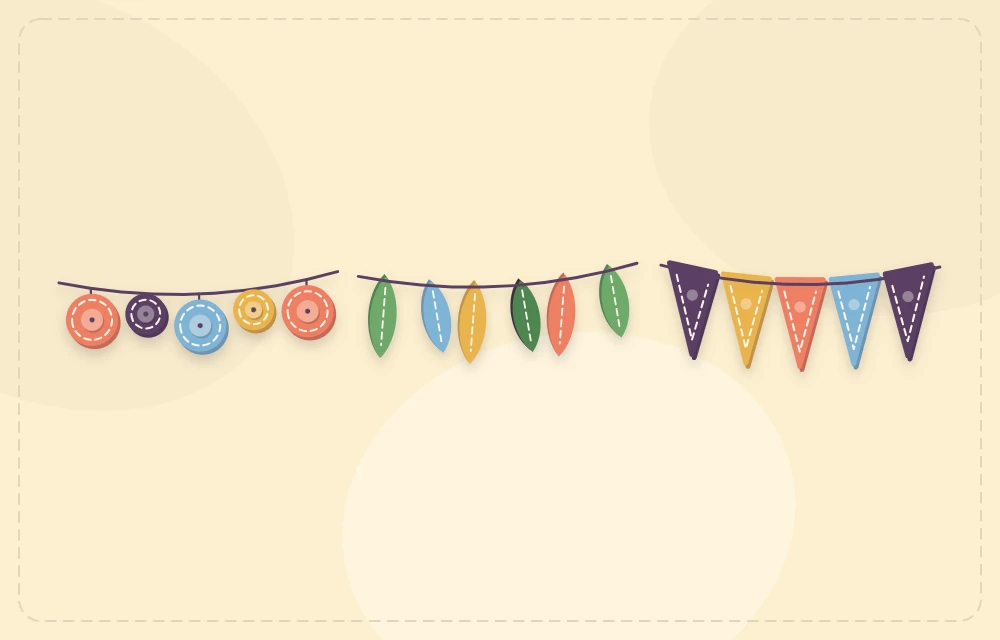 Three finished felt garlands side by side made of circles, leaves and pennants