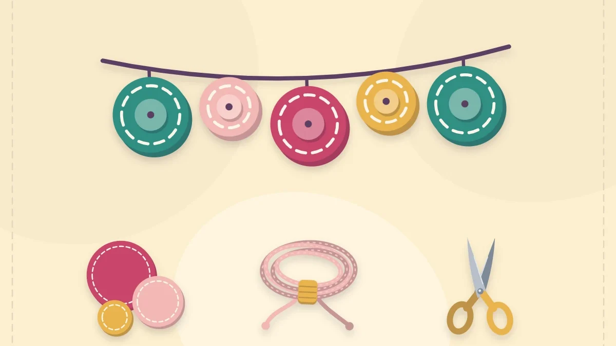 A garland of felt circles with loose circles, cord and scissors