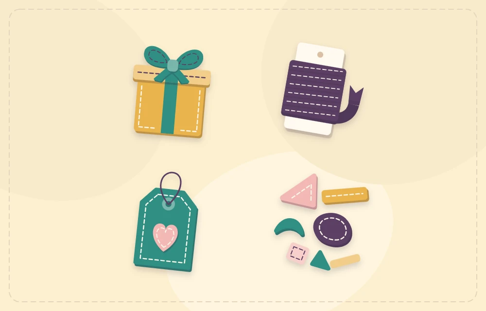 A gift box with ribbon, a felt gift tag and felt scraps