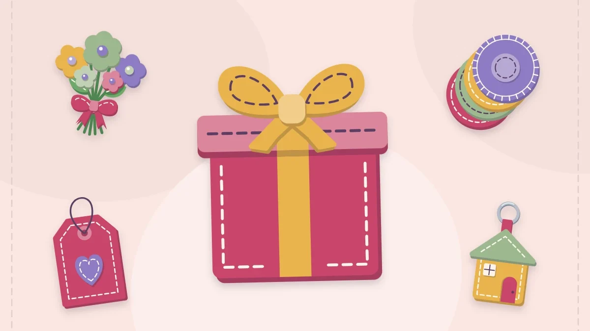 A gift box surrounded by felt coasters, a keychain, flowers and a tag
