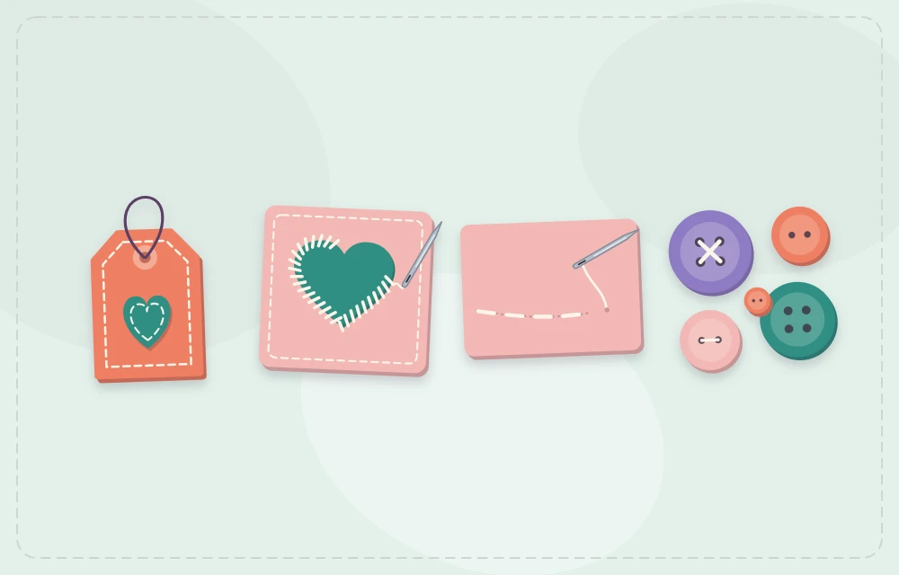 A felt gift tag beside an applique shape, running stitches and buttons