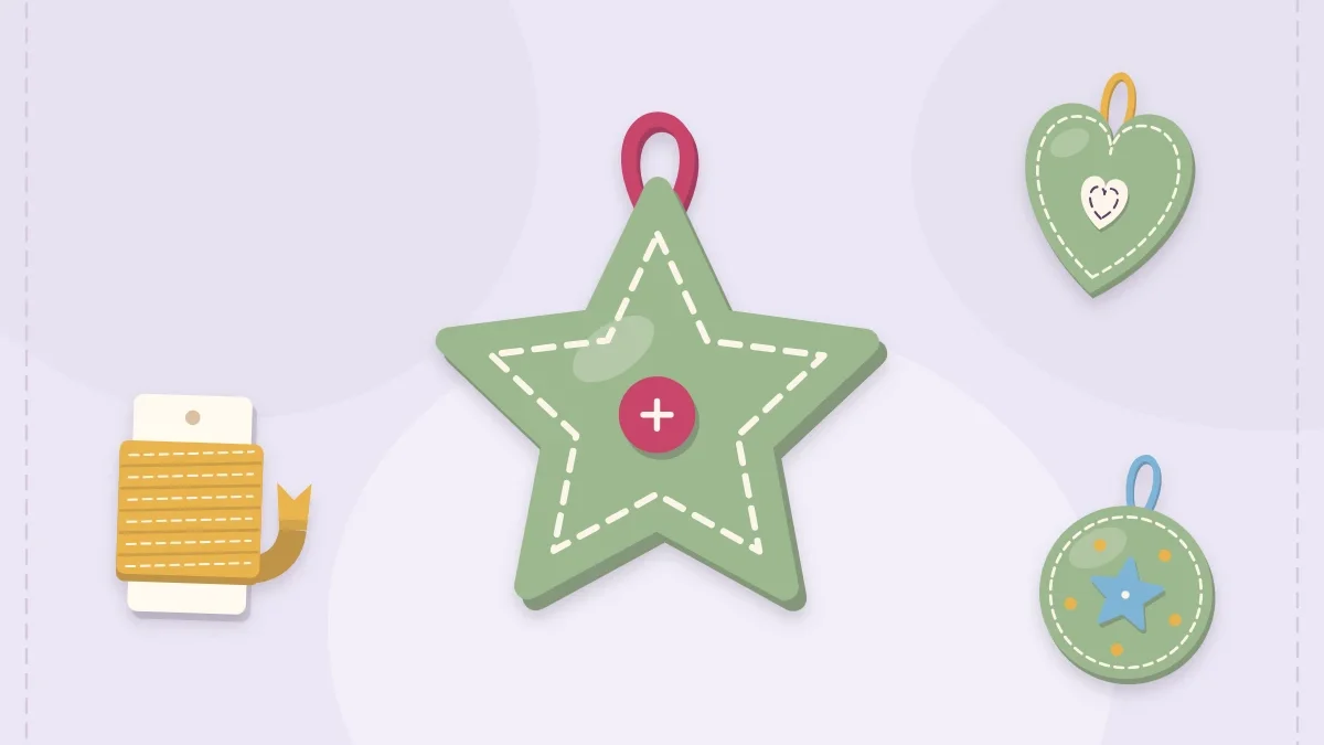A stuffed felt star ornament with a heart ornament, a round ornament and ribbon