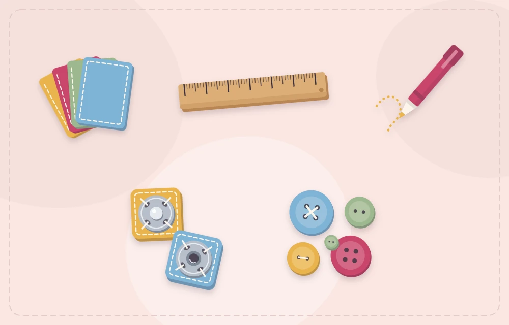 Felt sheets with a ruler, fabric pen, snap fastener and buttons