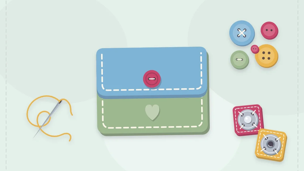 A fold-over felt pouch with buttons, a snap fastener and threaded needle