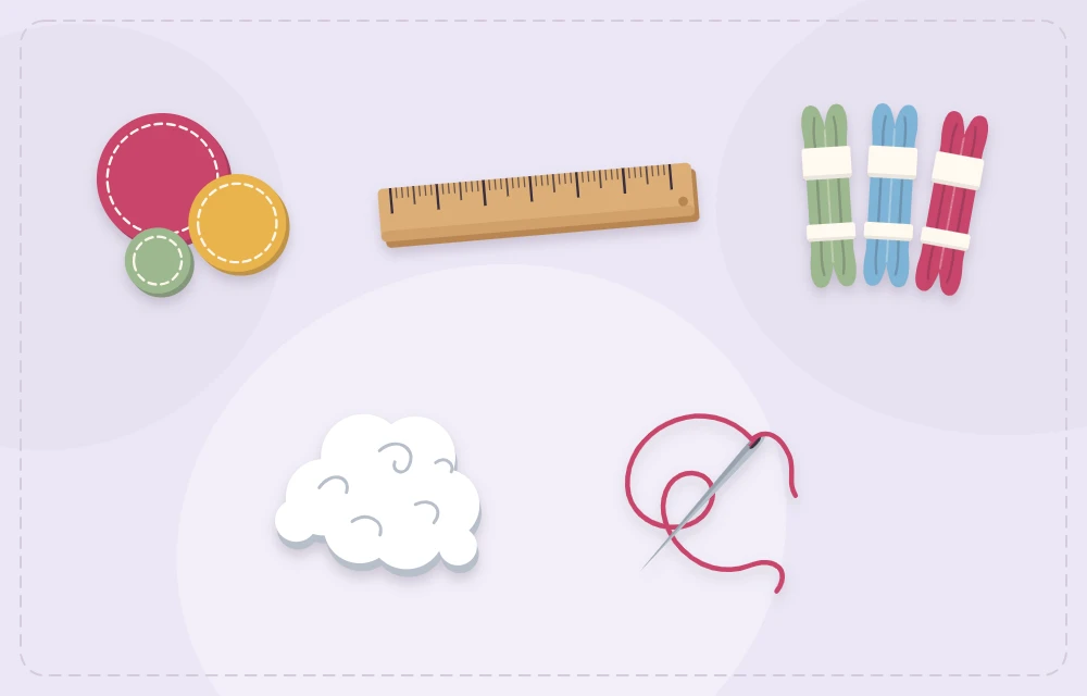 Cut felt circles with a ruler, floss skeins, fiberfill stuffing and a threaded needle