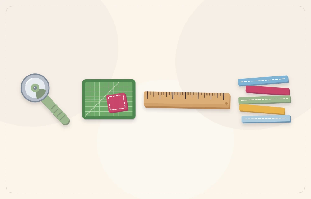 Rotary cutter on a cutting mat with a ruler and even felt strips