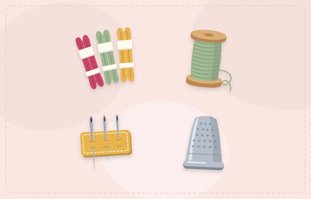 Embroidery floss skeins, a thread spool, needles and a thimble laid out together