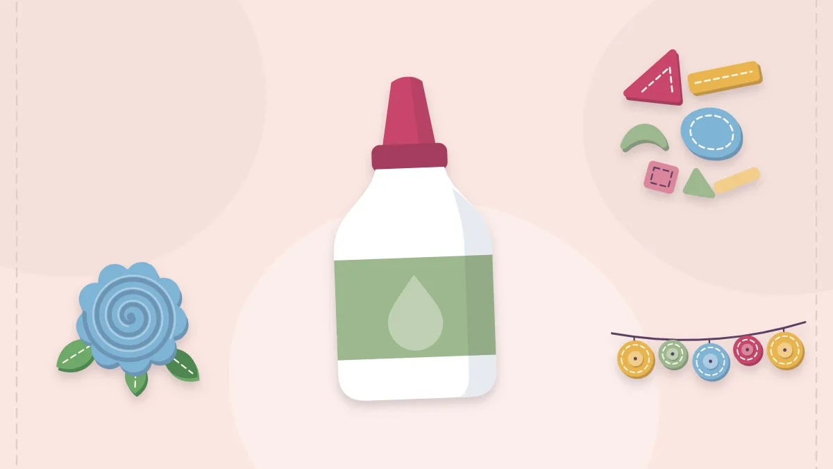Glue bottle with felt scraps, a circle garland and a rolled felt rose