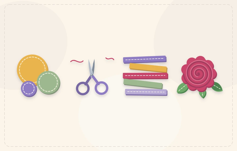 A felt circle, small scissors and a cut spiral strip beside a finished rolled rose
