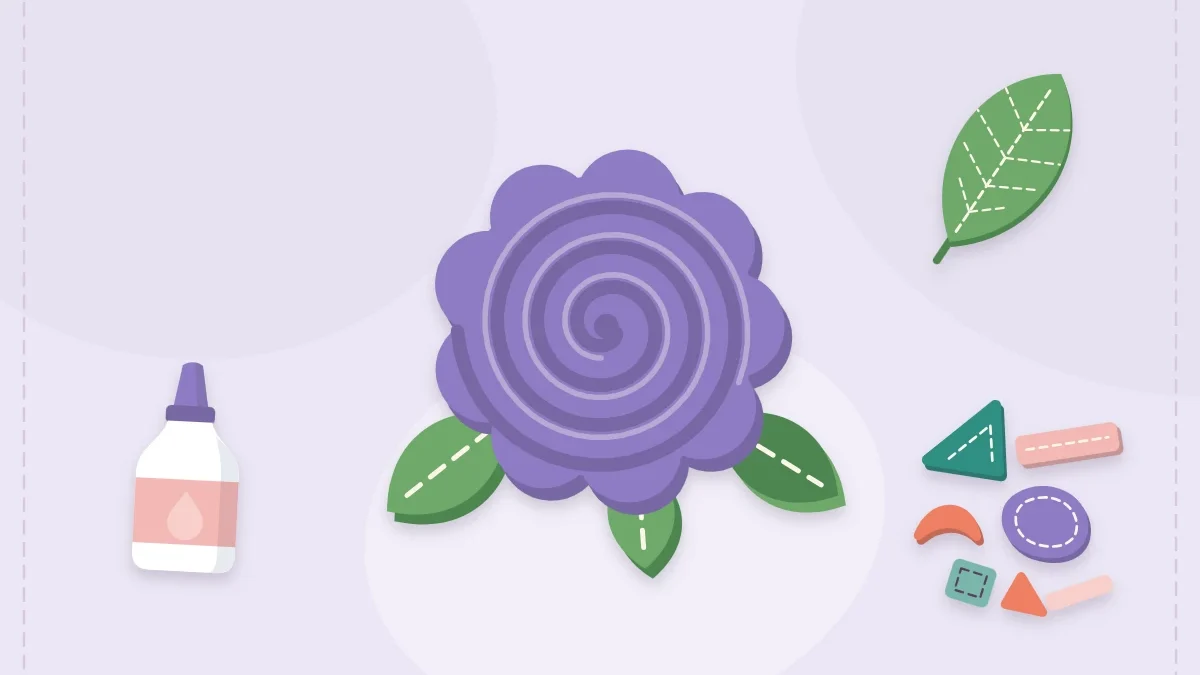 A rolled felt rose with a leaf, felt scraps and a glue bottle