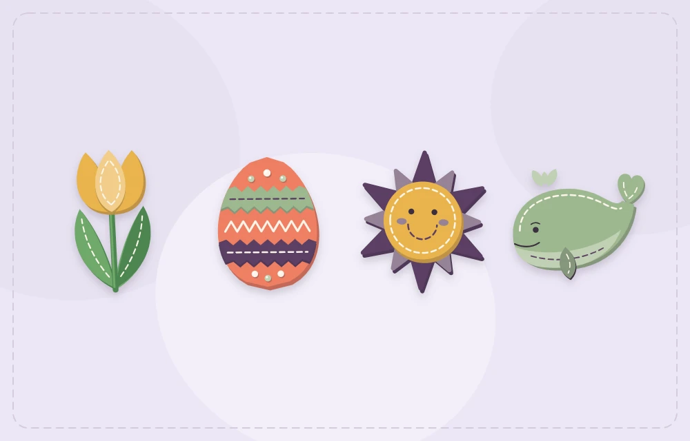 Felt tulip, decorated Easter egg, sun and whale shapes for spring and summer projects