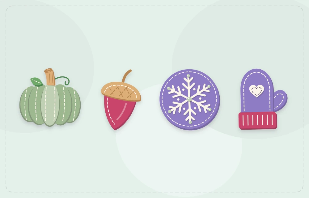 Felt pumpkin, acorn, snowflake and mitten shapes for fall and winter projects
