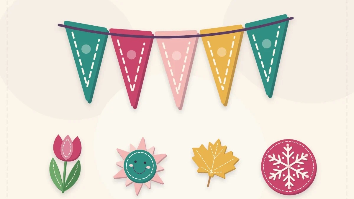 Felt bunting garland surrounded by a tulip, sun, autumn leaf and snowflake